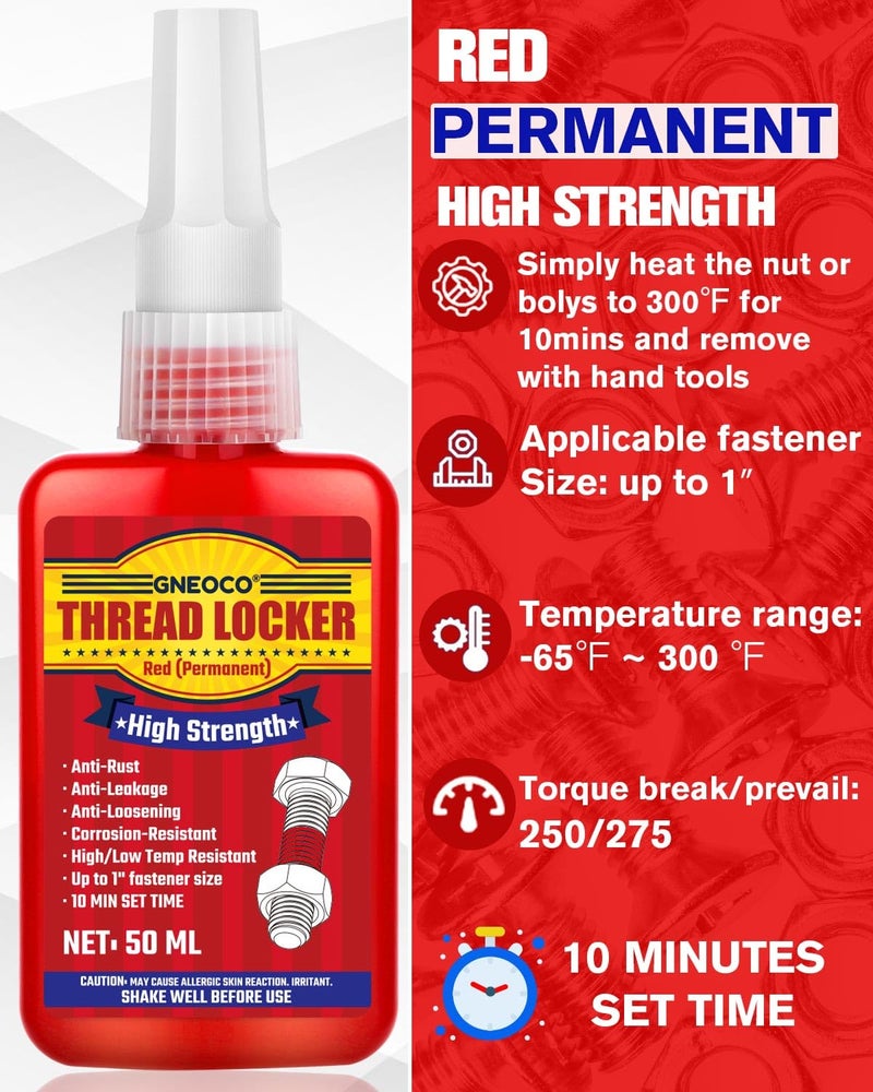 GNEOCO Thread Lock Red 1.69 Fl oz/50 ml, Threadlocker High Strength, Thread Locker for Nuts, Bolts, Fasteners and Metals, Anaerobic Curing Screw Glue to Prevent Loosening (Red (Permanent)) - Image 5